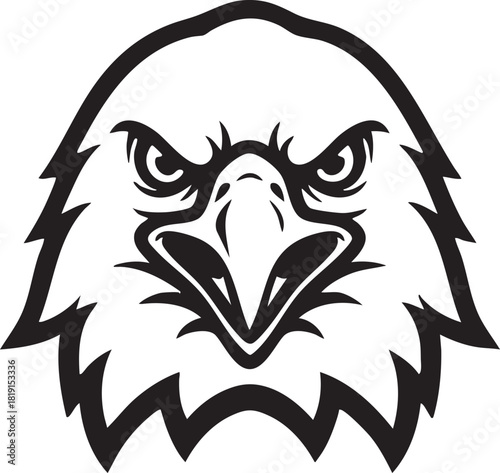 Vector illustration of an eagle's head with sharp eyes and open beak, viewed from the front, showcasing fierce facial expression.