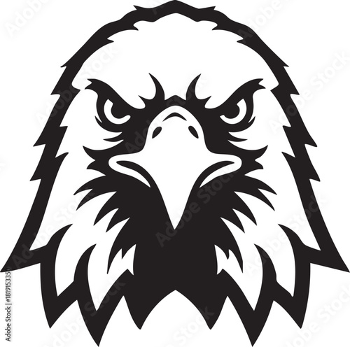 A fierce eagle's face staring intensely, vector illustration, close-up, sharp features, black and white