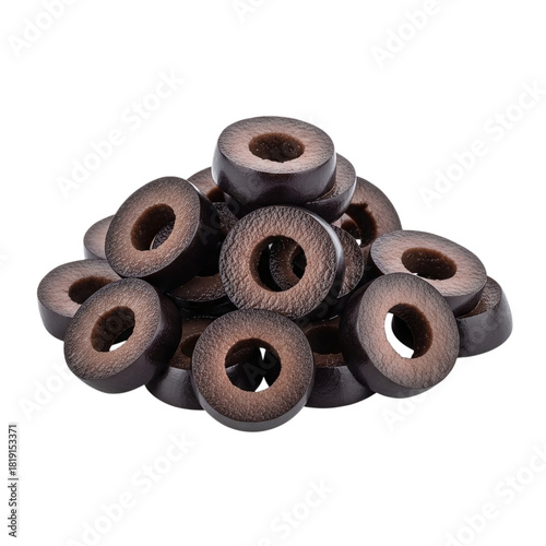 Pile of Sliced Black Olives Isolated on Black Background Culinary Ingredient for Salads and Mediterranean Cuisine Macro View Showcase