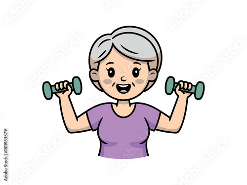 A cheerful elderly woman is lifting dumbbells, showcasing an active and healthy lifestyle.