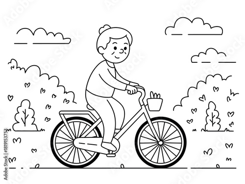 An elderly woman enjoys a leisurely bicycle ride outdoors amidst blooming bushes and fluffy clouds, symbolizing active senior lifestyle.