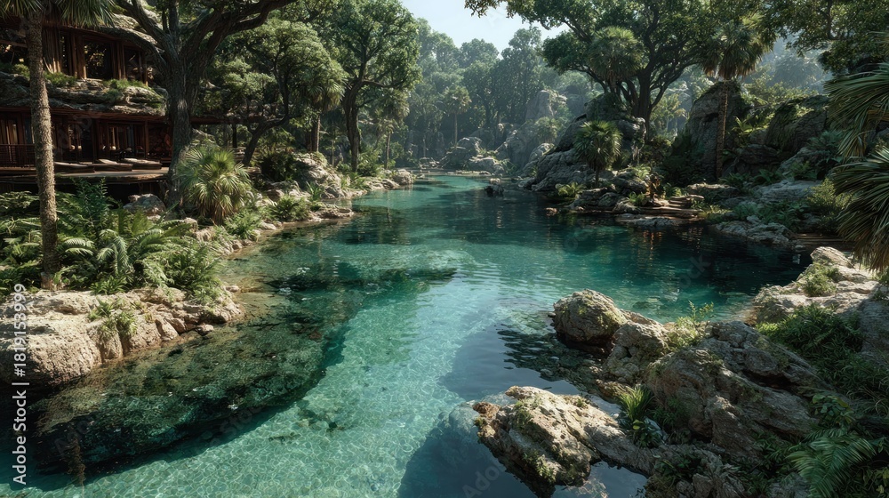 Naklejka premium A tranquil river meanders through a lush, verdant tropical paradise