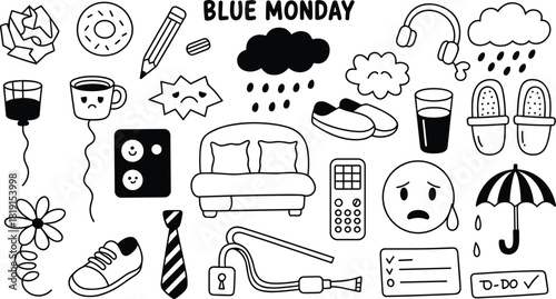 Black and white doodle icons of sad objects and weather unhappy