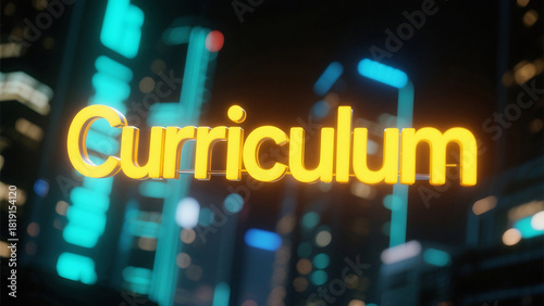 Dynamic curriculum design concept with vibrant yellow 3D text against a modern city skyline background for education and training solutions