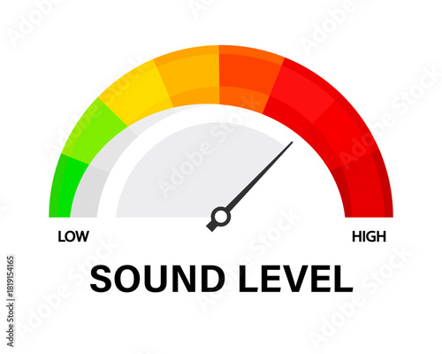 Sound and Music level scale with arrow. Vector isolated on white.
