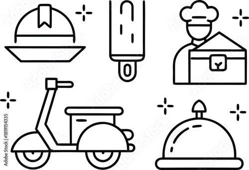 Food delivery icons: scooter, chef, helmet, dish, rolling pin