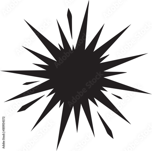 A black starburst graphic illustration on a plain background viewed from a straightforward angle