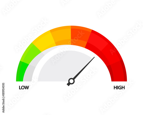 Vector scale meter with arrow. Gauge and measure element isolated on white.