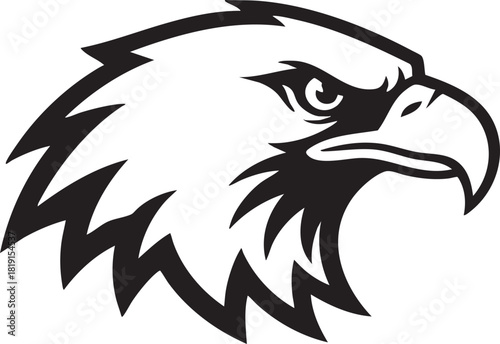 An illustration of a majestic eagle's head viewed from the side, showcasing its sharp beak and feathers.
