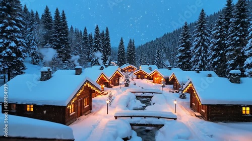 Enchanting Winter Wonderland: Cozy Cabins Nestled in Snow-Covered Forest at Dusk.