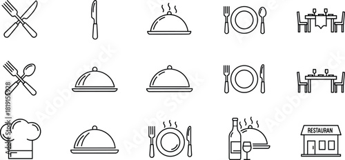 Restaurant and Food Service Vector Line Icons Set, featuring Cutlery, Dinner Table, Chef Hat, Dining Platter, and Wine Bottle for Culinary Design