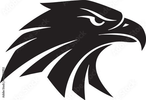 A black and white illustration of an eagle's head profile view showcasing its sharp beak and piercing eyes.