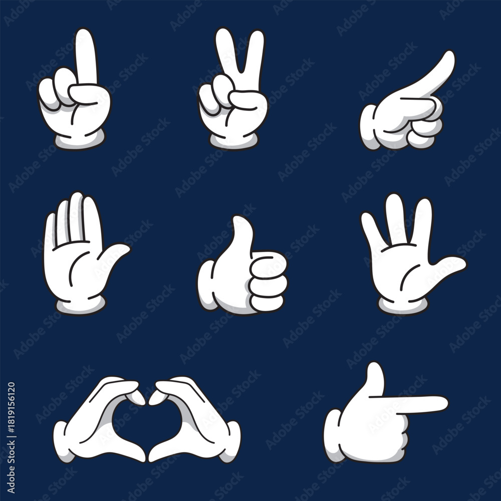 Fototapeta premium A set of cartoon white gloves. Retro icons of cute cursors in different poses. Vector isolated set of gesture illustrations.
