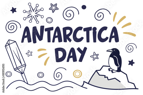 Antarctica Day Vector Illustration, Penguins, Icebergs, and Antarctic Research Station Isolated on White Background