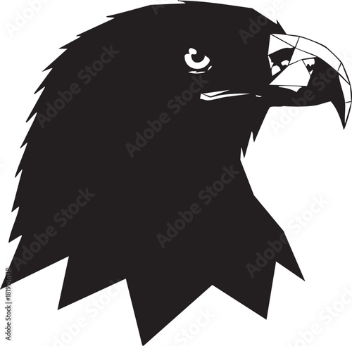 A black silhouette illustration of a bird's head, showcasing its sharp beak and fierce gaze from a side viewpoint