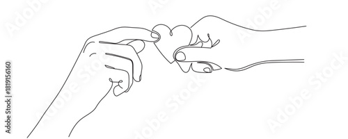 Hands holding a heart in one line style. Vector illustration.Editable line.