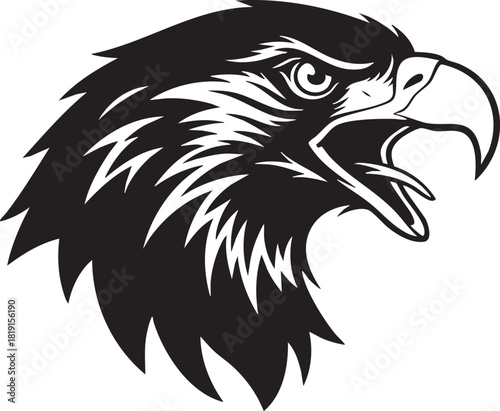 A black and white illustration of an eagle's head in profile, showcasing its sharp beak and fierce expression, from a close-up viewpoint.