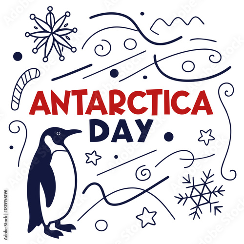 Antarctica Day Vector Illustration, Penguins, Icebergs, and Antarctic Research Station Isolated on White Background