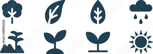 Simple nature icons of trees, plants, sun, and rain