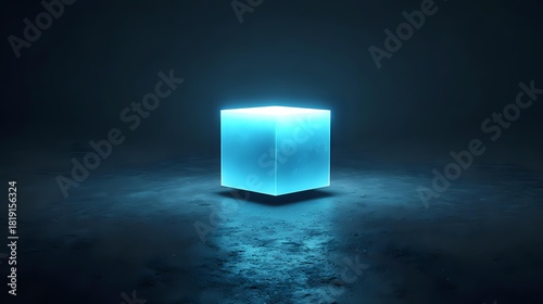 Glowing blue cube a minimalist geometric shape illuminated on a dark textured surface ideal for technology and futuristic concepts