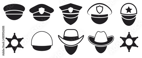 Black police hat flat icons set featuring realistic police officer headgear with badges, part of uniform elements from law and justice system, isolated for web and mobile app design.