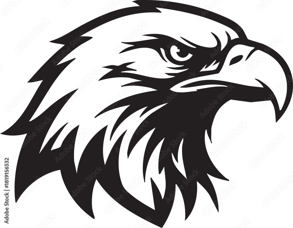 Obraz premium A black and white illustration of an eagle's head from a side viewpoint showcasing its sharp beak and fierce expression