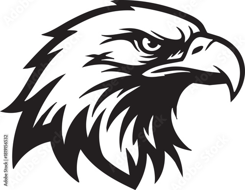 A black and white illustration of an eagle's head from a side viewpoint showcasing its sharp beak and fierce expression
