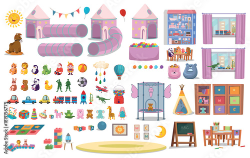 A large set of children's playroom with lots of toys. A kindergarten interior with a round table with chairs, a board, and lots of toys with a dollhouse and tea party. A ball pit and a rocking horse.