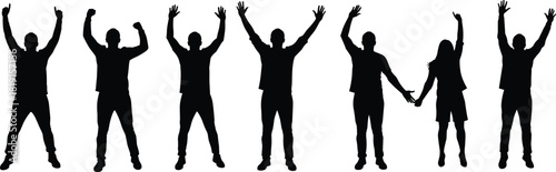 Human silhouettes with raised arms, seven diverse standing figures holding hands, abstract shadow poses, unity celebration gesture, posture reference illustration