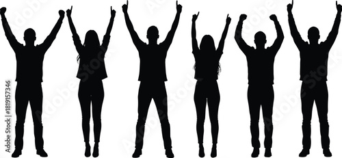 Human silhouettes with raised arms, six diverse figures celebrating in unity, abstract shadow poses, victory gesture, expressive lifestyle illustration