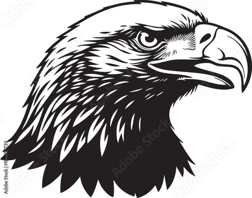 A black and white illustration of an eagle's head in profile showcasing its sharp beak and detailed feathers