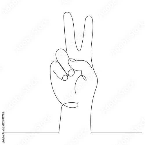 A hand gesture drawn in one line, a minimalist human hand gesture with two fingers raised upwards. Editable line