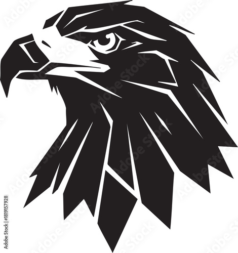 A black and white illustration of an eagle's head with sharp feathers and a strong beak