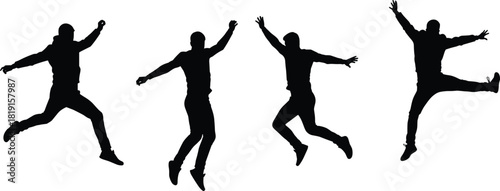 Jumping silhouette illustration, black figure art, dynamic leap sequence, expressive motion, athletic gesture, airborne pose, movement study, physical energy concept