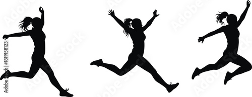 Jumping silhouette illustration, dynamic leap sequence, black figure art, expressive motion, athletic pose, physical activity concept, movement study, airborne gesture