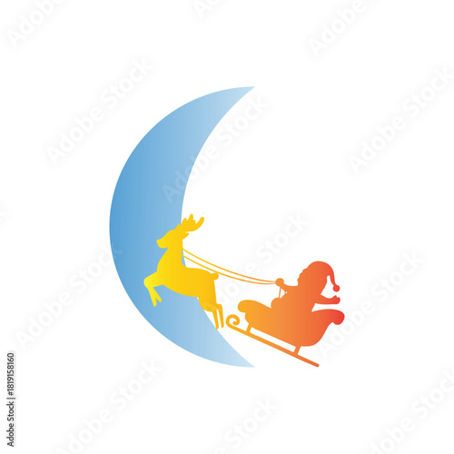 Whimsical holiday illustration of a jolly gift-giver and flying deer in a festive sleigh, gracefully traversing a glowing crescent moon