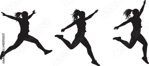 Jumping silhouette illustration, leap sequence, black figure art, ponytail hairstyle, athletic motion, expressive gesture, airborne pose, movement study, dynamic energy