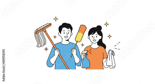 Happy couple cleaning house together with mop, duster, and cleaning spray.
