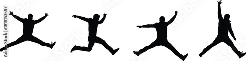 Jumping silhouette sequence, black figure art, dynamic leap stages, expressive motion, athletic gesture, airborne pose, movement study, physical energy concept