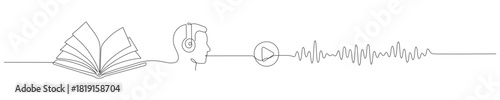 Continuous single-line drawing of an audiobook concept. An open book and a soundboard with a voice wave in a simple line style. Editable stroke. Vector illustration. Editable line