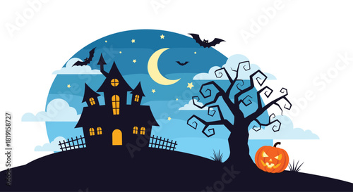 A spooky Halloween scene with a haunted house, a creepy tree, and bats flying under a moonlit sky.