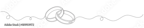 A single continuous line drawing of wedding rings. Concept of a romantic marriage proposal, engagement invitation in a simple line style. Editable stroke. Vector illustration.