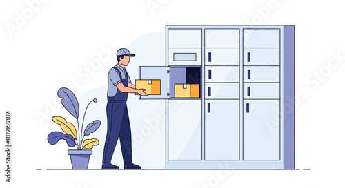 Delivery person placing a package into a smart locker next to a potted plant.
