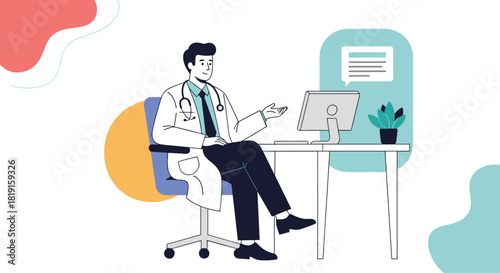 Doctor sitting at desk with computer, talking and gesturing.