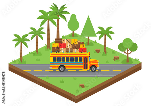 A vibrant isometric illustration depicts a yellow bus driving through a tropical landscape, its roof heavily burdened with a towering, secured stack of colorful cargo