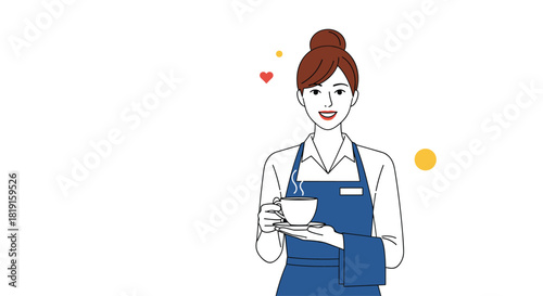A smiling barista in a blue apron holds a steaming cup of coffee with a cloth on her arm.