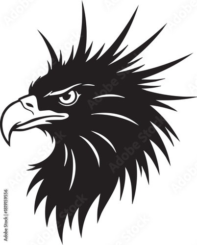 Stylized black vector head of a fierce eagle or hawk, a powerful graphic emblem for a sports mascot or team logo