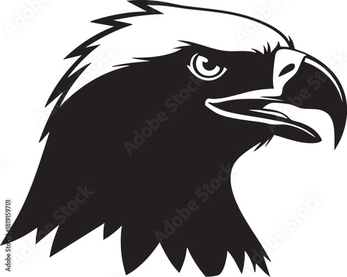 Black and White Illustration of a Fierce Eagle's Head Facing Right