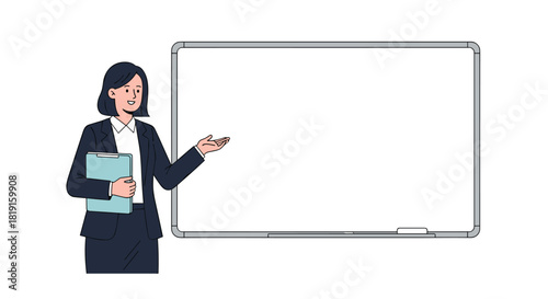 A businesswoman in a suit stands next to a whiteboard, holding a clipboard and gesturing to the board.