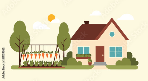 Cartoon house with a garden of hanging carrots and leafy vegetables.